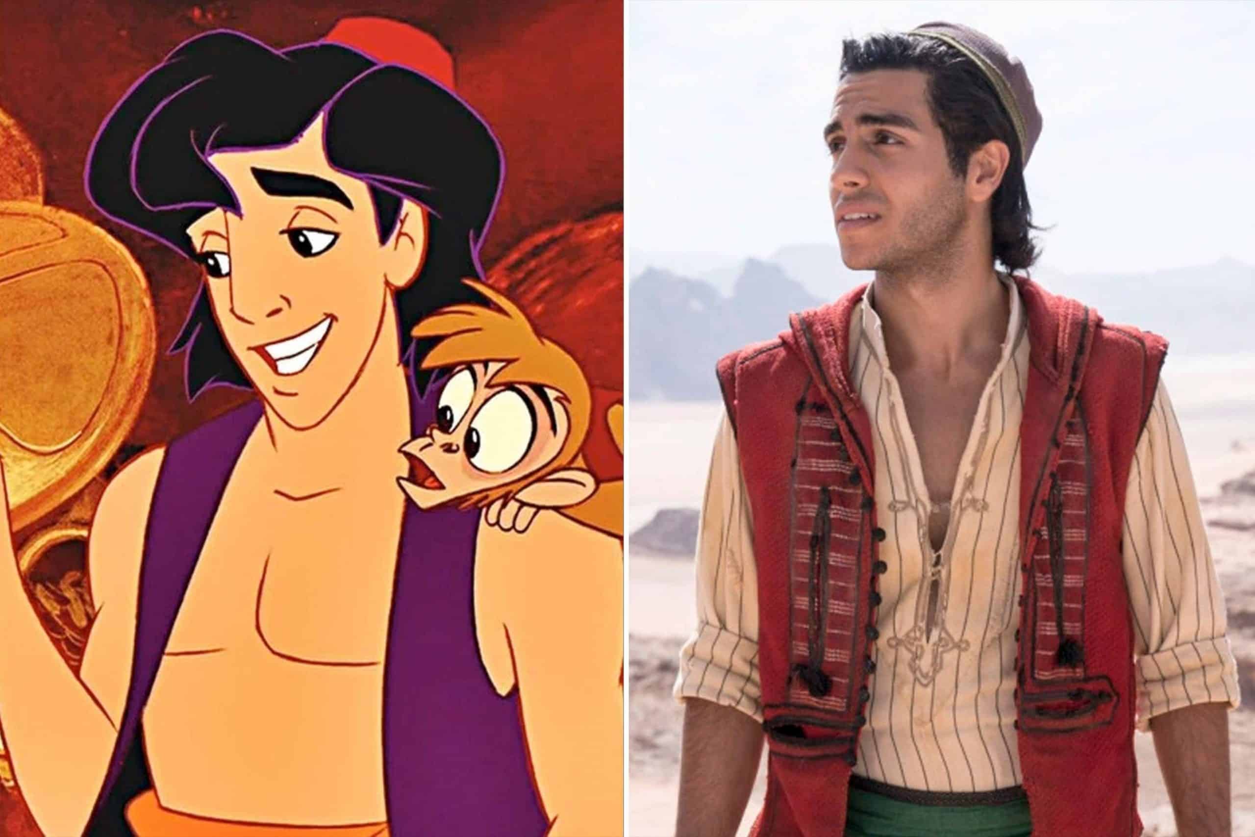 Due immagini con Aladdin:
la prima mostra la versione animata con in dosso solo il gilet;
la seconda è tratta dal live action Disney in cui ha anche una camicia.